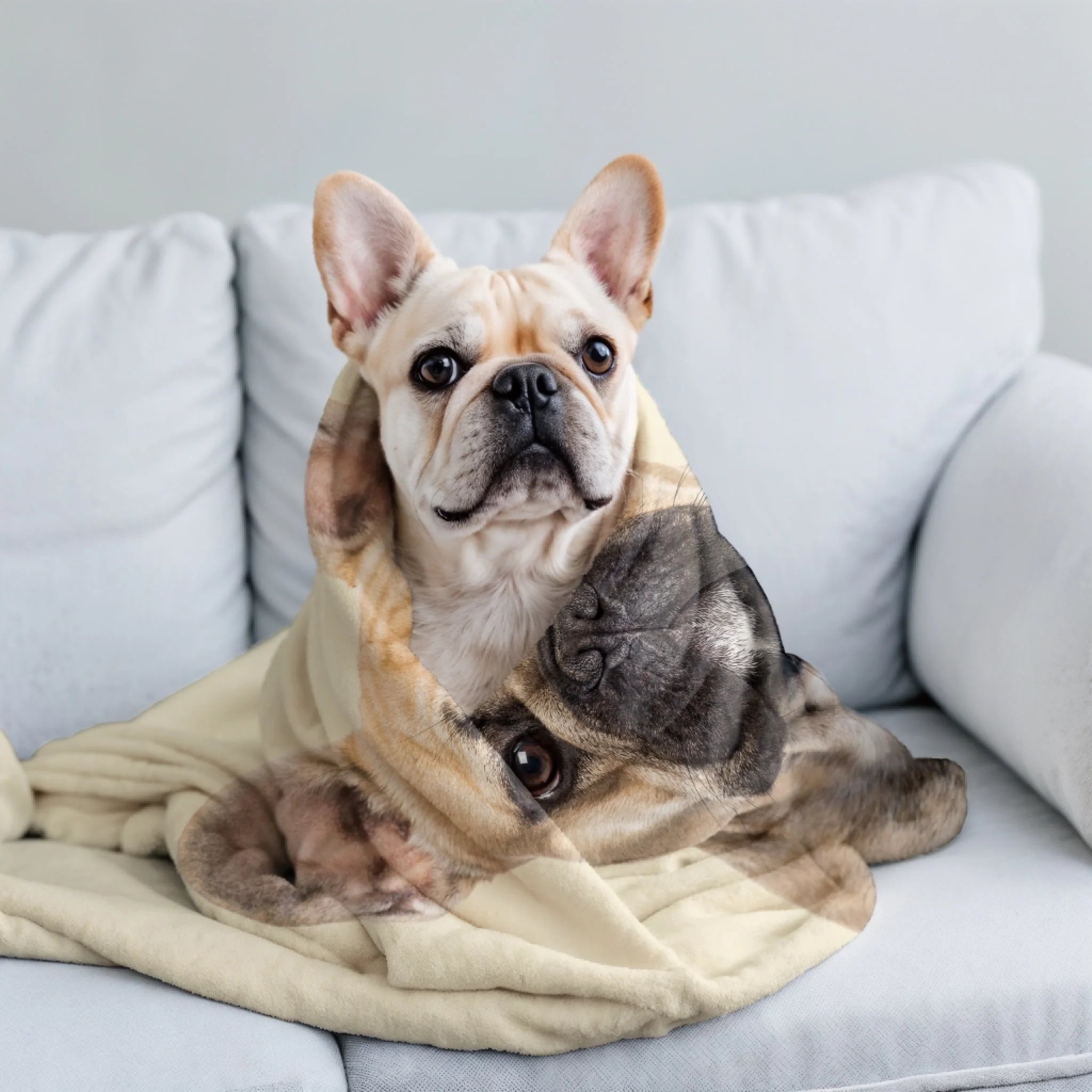 French bulldog wrapped in a custom fleece blanket printed with their pet portrait, showing cozy premium fabric.
