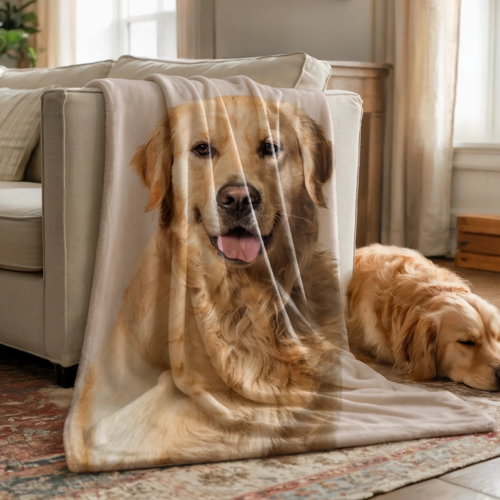 Personalized pet blanket with a golden retriever portrait draped over a sofa, showing vibrant print and soft fleece texture.
