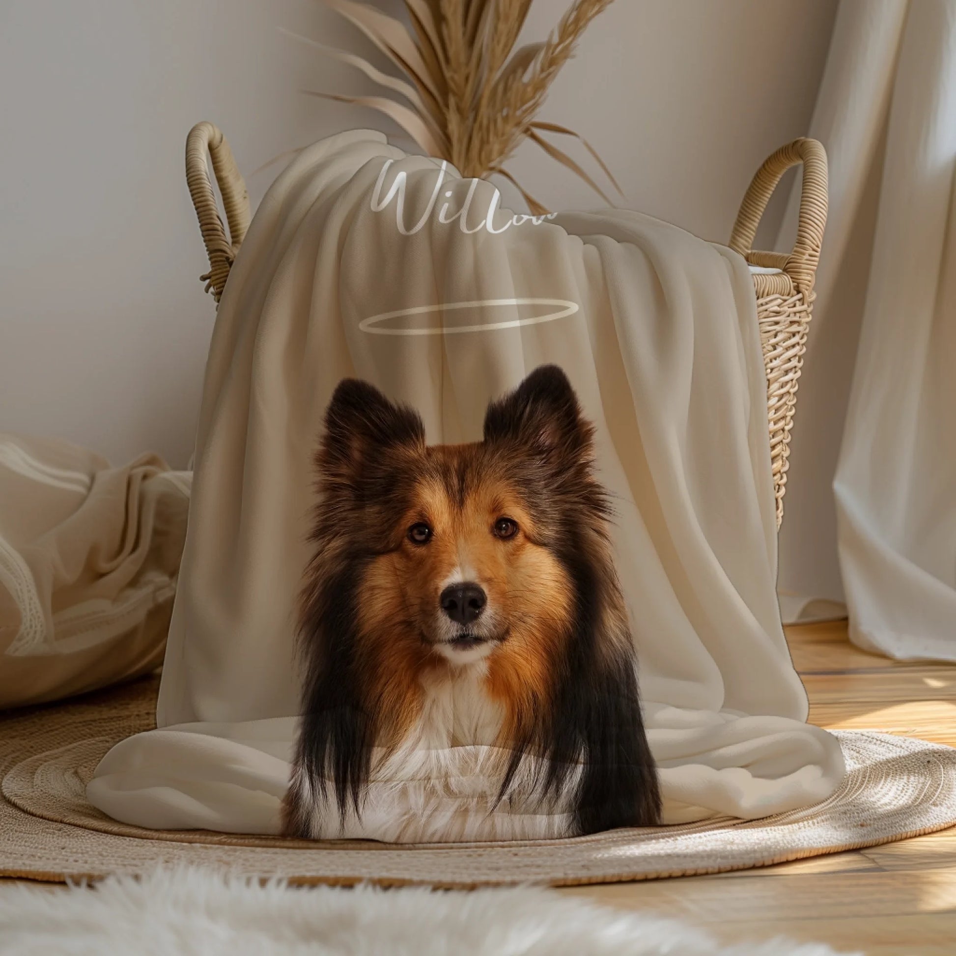 Personalized pet memorial blanket featuring a Sheltie portrait with a soft halo design, displayed in a warm home setting.