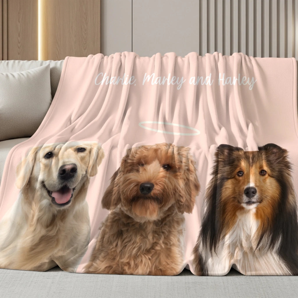 Custom personalized blanket with three pet portraits and names, designed as a keepsake with soft fleece fabric.